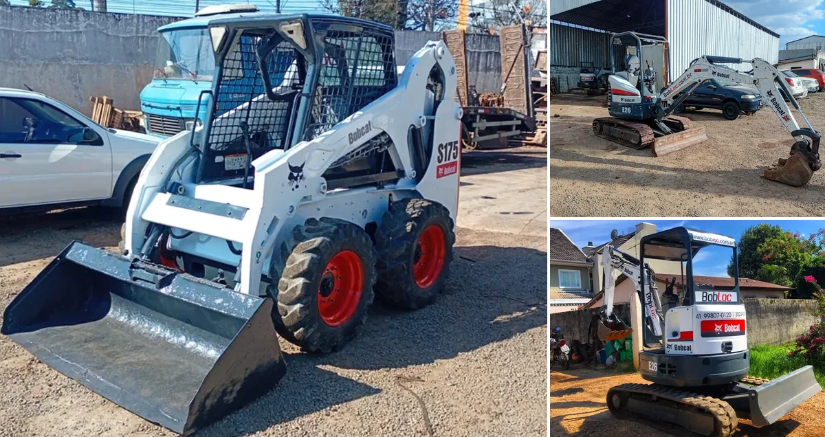Bobcats usadas à venda em Curitiba: mini carregadeira S175 e mini escavadeiras E26 da frota Bob Loc